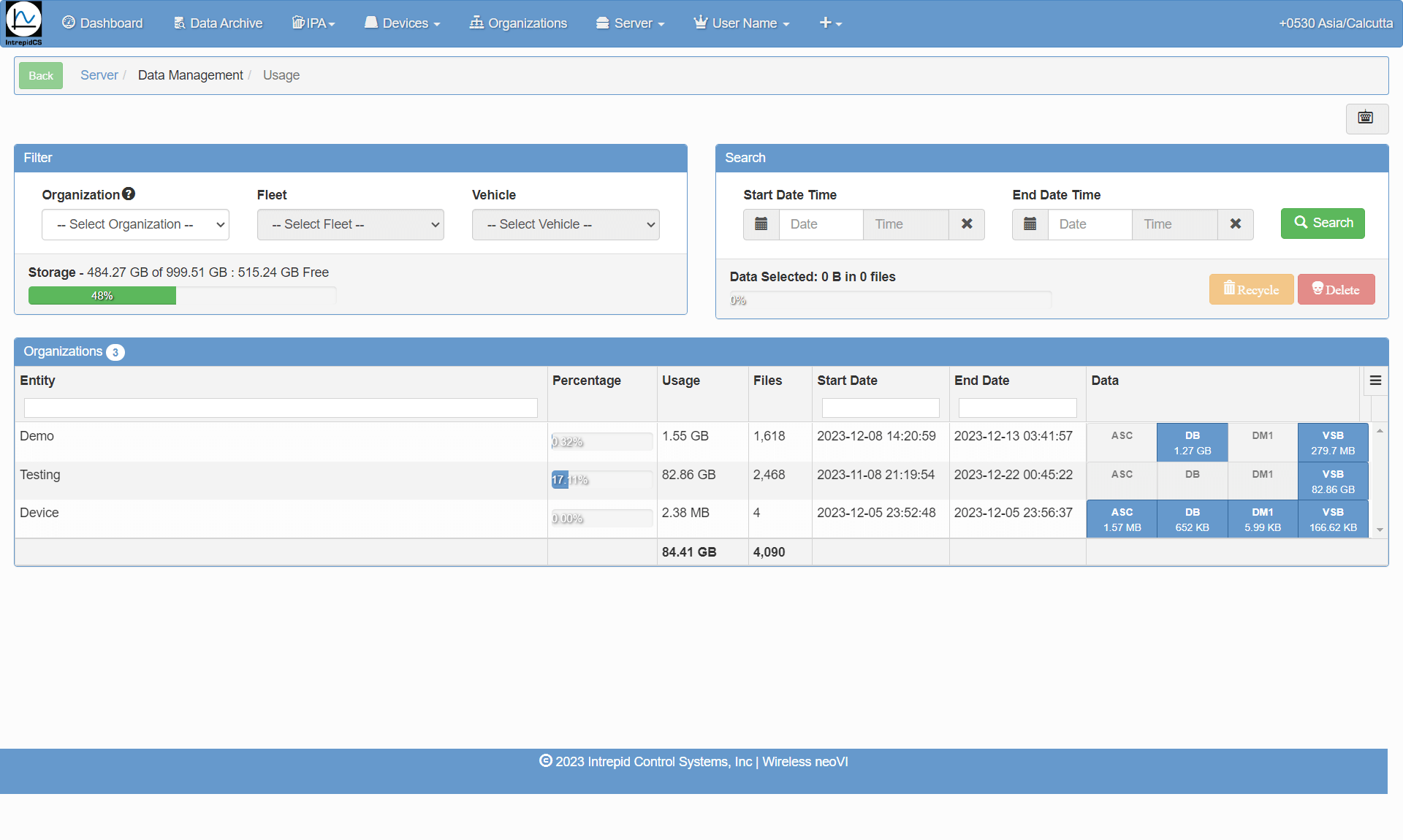 Data Management Usage Menu